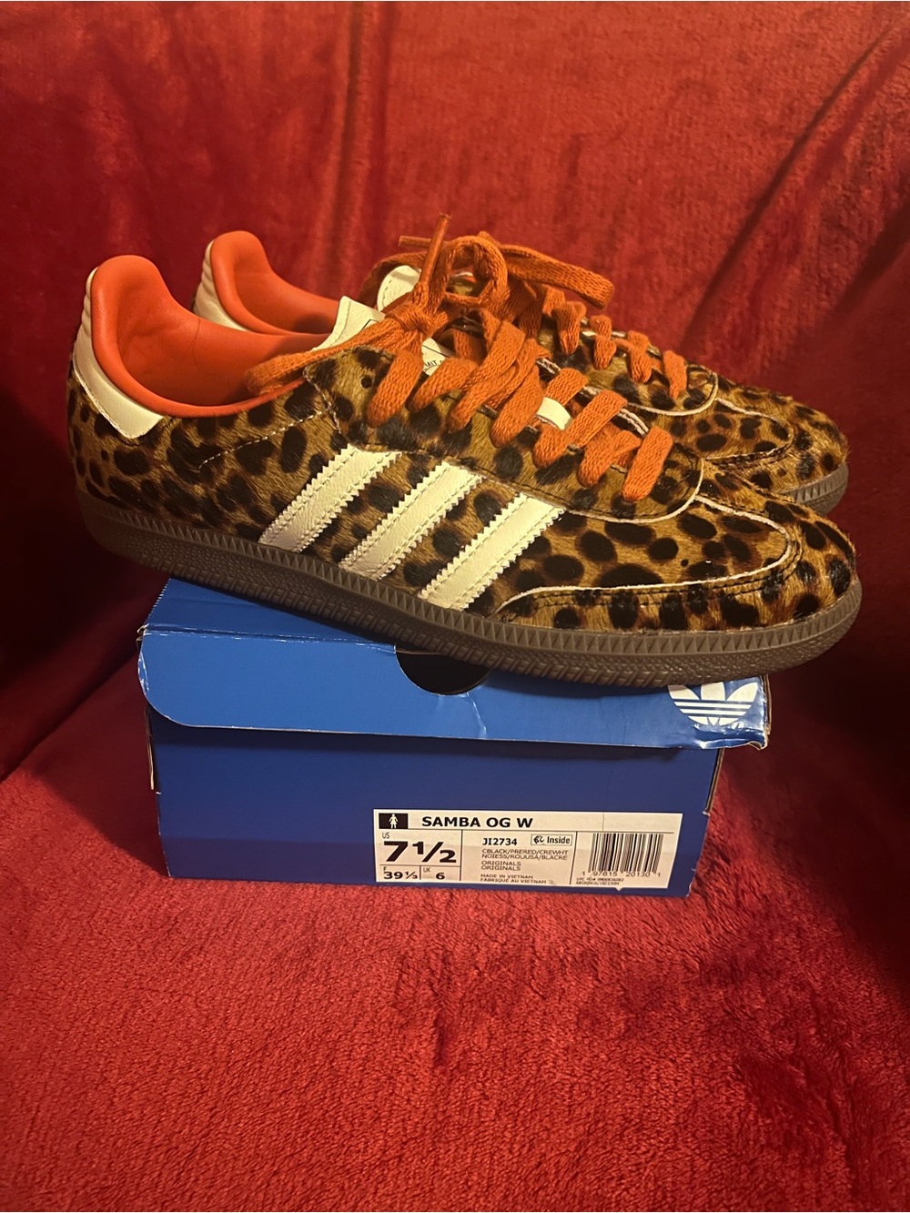 adidas Women’s Samba OG Leopard Print Real Cow Fur Sneakers with Orange Accents